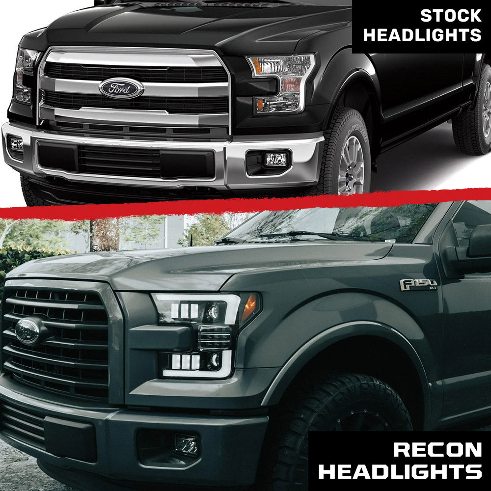Ford F150 15-17 LED Projector Headlights w/ Ultra High Power Smooth White OLED DRL w/ Scanning Amber Turn Signals (Replaces OEM LED Headlights) - Multiple Styles