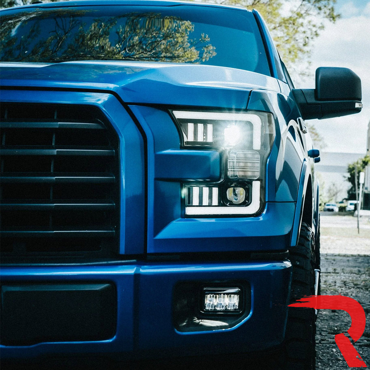 Ford F150 15-17 LED Projector Headlights w/ Ultra High Power Smooth White OLED DRL w/ Scanning Amber Turn Signals (Replaces OEM LED Headlights) - Multiple Styles