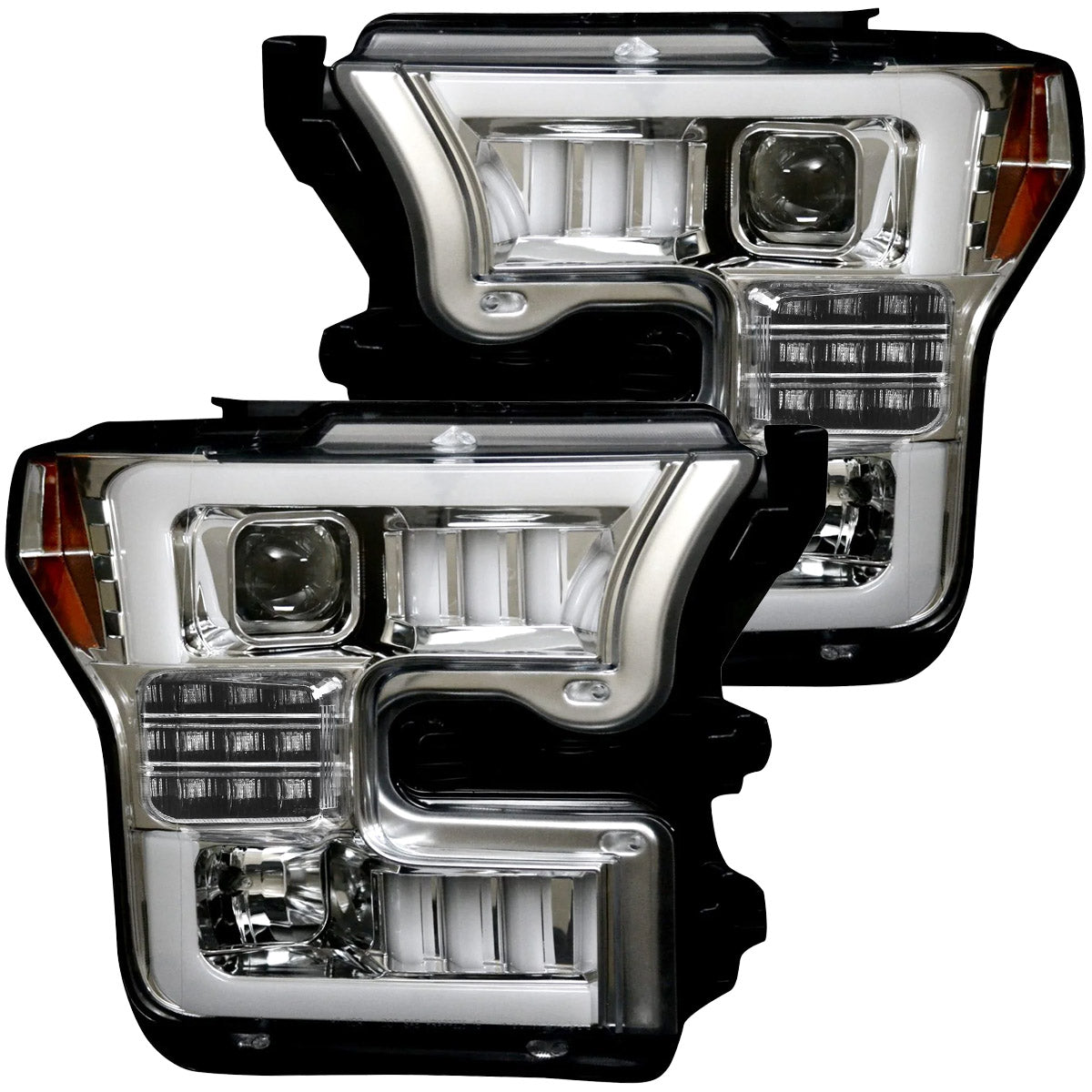 Ford F150 15-17 LED Projector Headlights w/ Ultra High Power Smooth White OLED DRL w/ Scanning Amber Turn Signals (Replaces OEM LED Headlights) - Multiple Styles