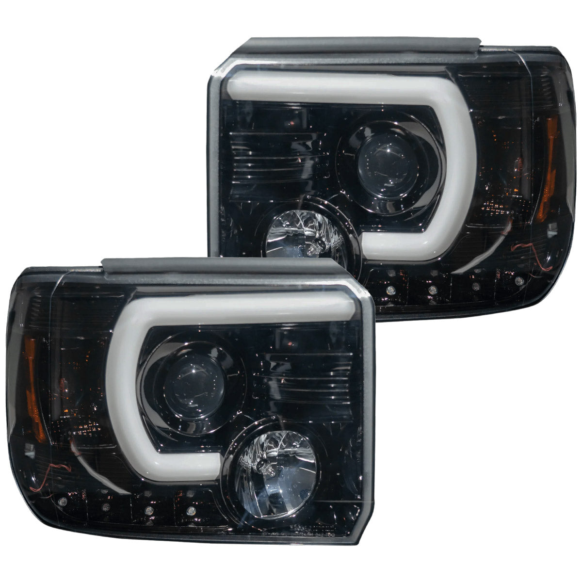 GMC Sierra 2500/3500 14-19 Single-Wheel HD Projector Headlights w OLED Amber DRLs & Scanning OLED Amber Turn Signals in Smoked/Black