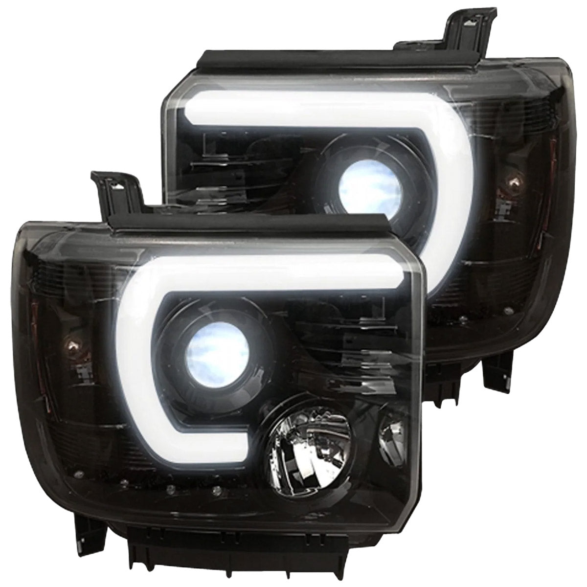 GMC Sierra 3500 15-19 Dually Projector Headlights w OLED Amber DRLs & Scanning OLED Amber Turn Signals in Smoked/Black