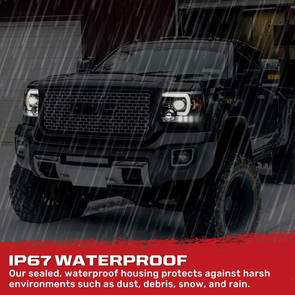 GMC Sierra 2500/3500 14-19 Single-Wheel HD Projector Headlights w OLED Amber DRLs & Scanning OLED Amber Turn Signals in Smoked/Black
