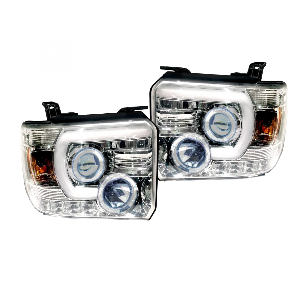 GMC Sierra & Denali 2500/3500 14-19 Single-Wheel HD Projector Headlights w Smooth OLED DRLs & Halos in Clear/Chrome