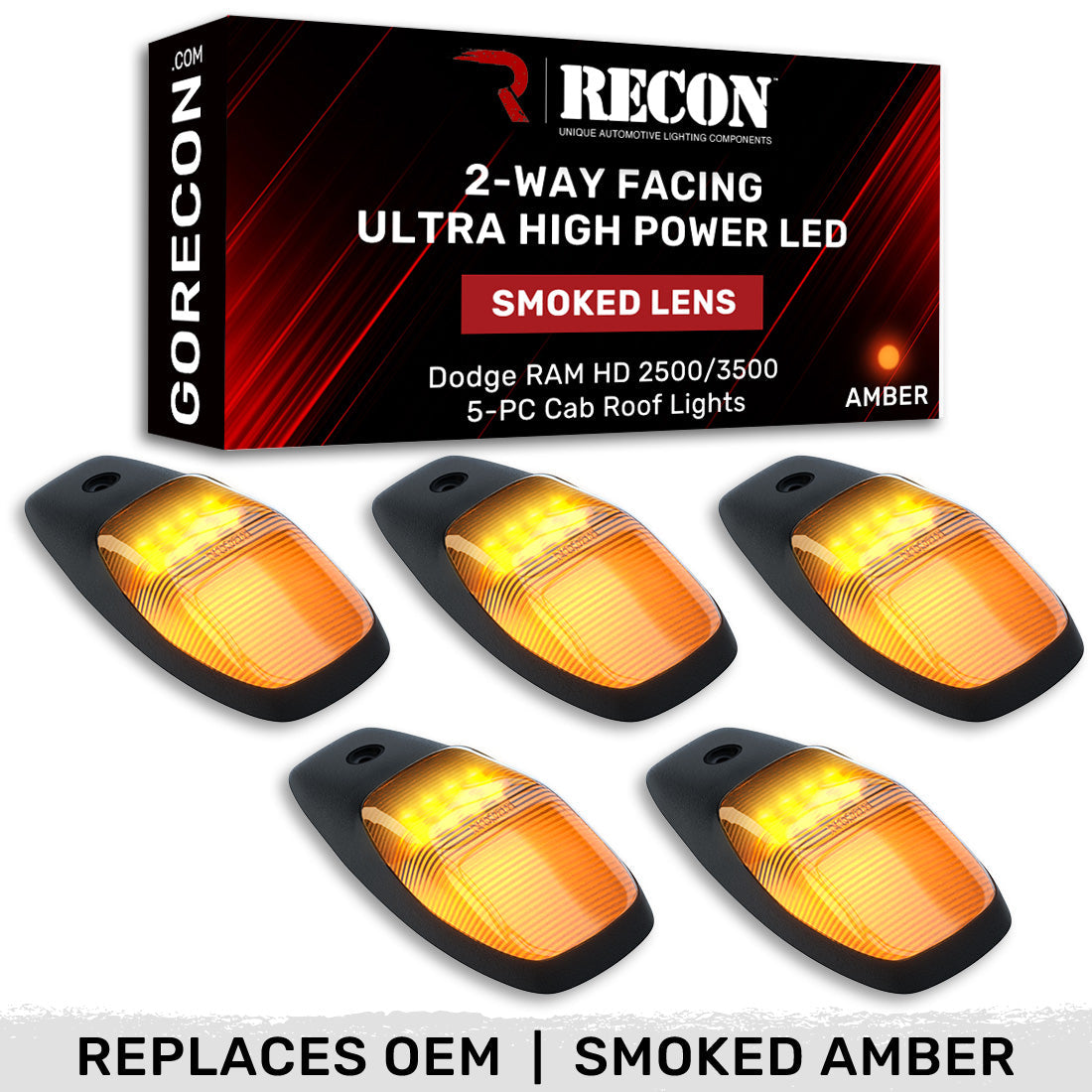 Dodge RAM HD 2500/3500 19-25 5 Piece Cab Roof Light Set 2-Way Front & Rear Facing Ultra High-Power LEDs Multiple Lens & Colors