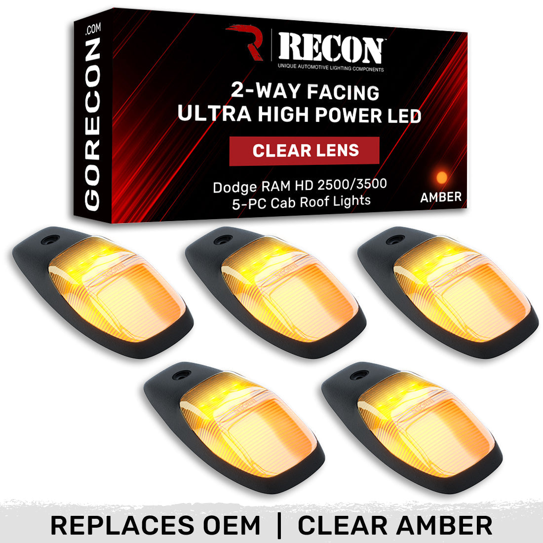 Dodge RAM HD 2500/3500 19-26 5 Piece Cab Roof Light Set 2-Way Front & Rear Facing Ultra High-Power LEDs Multiple Lens & Colors