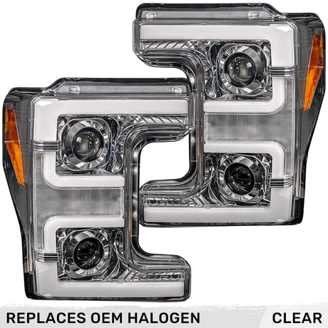 Ford Super Duty 17-19 Projector Headlights White OLED DRL, Scanning Amber LED Turn Signals - Multiple Styles