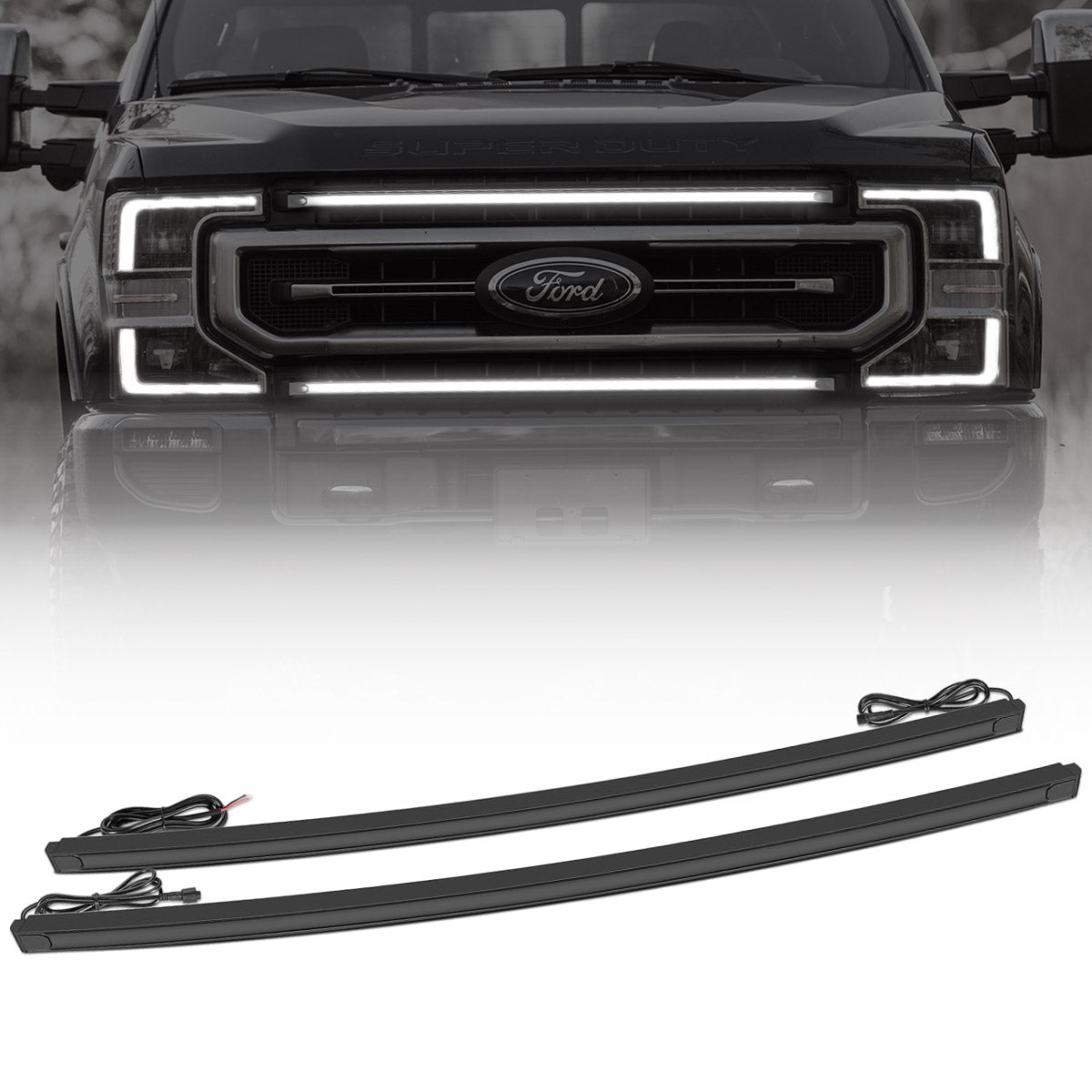 Ford 17-22 Super Duty (F250, F350) 37" Aluminum Grille Mount 2-Piece Kit Ultra Bright White LED DRL Lights - Smoked Lens