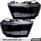 Dodge 19-24 RAM 1500 LED Projector Headlights Ultra High Power Smooth White OLED DRL & Scanning Amber LED Turn Signals w/ Startup Light Sequence (Replaces OEM LED Only) - Smoked / Black