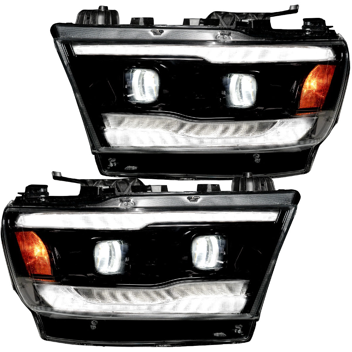 Dodge 19-24 RAM 1500 LED Projector Headlights Ultra High Power Smooth White OLED DRL & Scanning Amber LED Turn Signals w/ Startup Light Sequence (Replaces OEM LED Only) - Smoked / Black