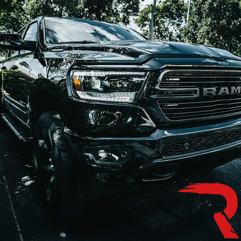 Dodge 19-24 RAM 1500 LED Projector Headlights Ultra High Power Smooth White OLED DRL & Scanning Amber LED Turn Signals w/ Startup Light Sequence (Replaces OEM LED Only) - Smoked / Black