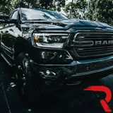 Dodge 19-24 RAM 1500 LED Projector Headlights Ultra High Power Smooth White OLED DRL & Scanning Amber LED Turn Signals w/ Startup Light Sequence (Replaces OEM LED Only) - Smoked / Black