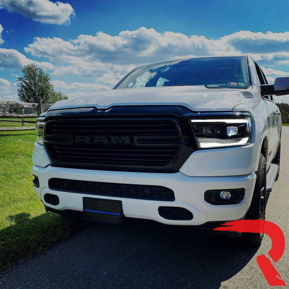 Dodge 19-24 RAM 1500 LED Projector Headlights Ultra High Power Smooth White OLED DRL & Scanning Amber LED Turn Signals w/ Startup Light Sequence (Replaces OEM LED Only) - Smoked / Black