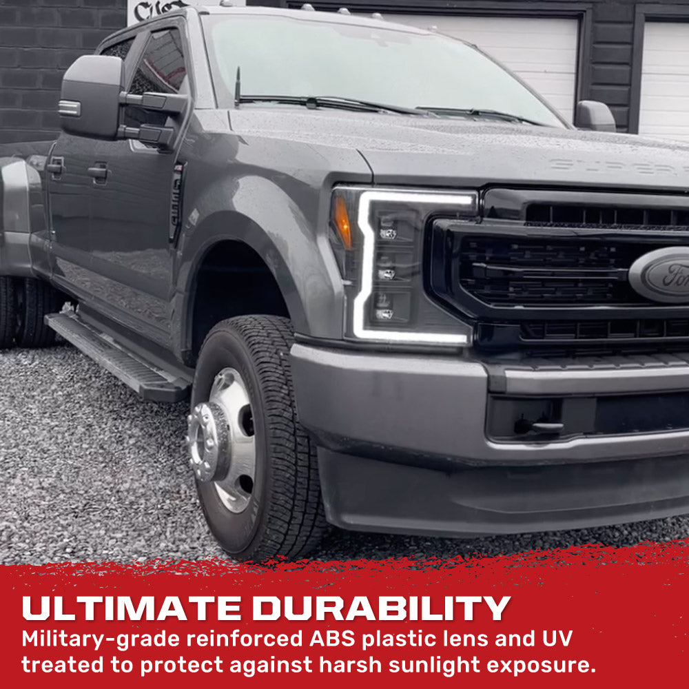 Ford 20-22 Super Duty LED Triple Projector Headlights w/ Ultra High Power White OLED DRL & Scanning Amber LED Turn Signals (Replaces OEM Halogen Style Only) - Multiple Styles