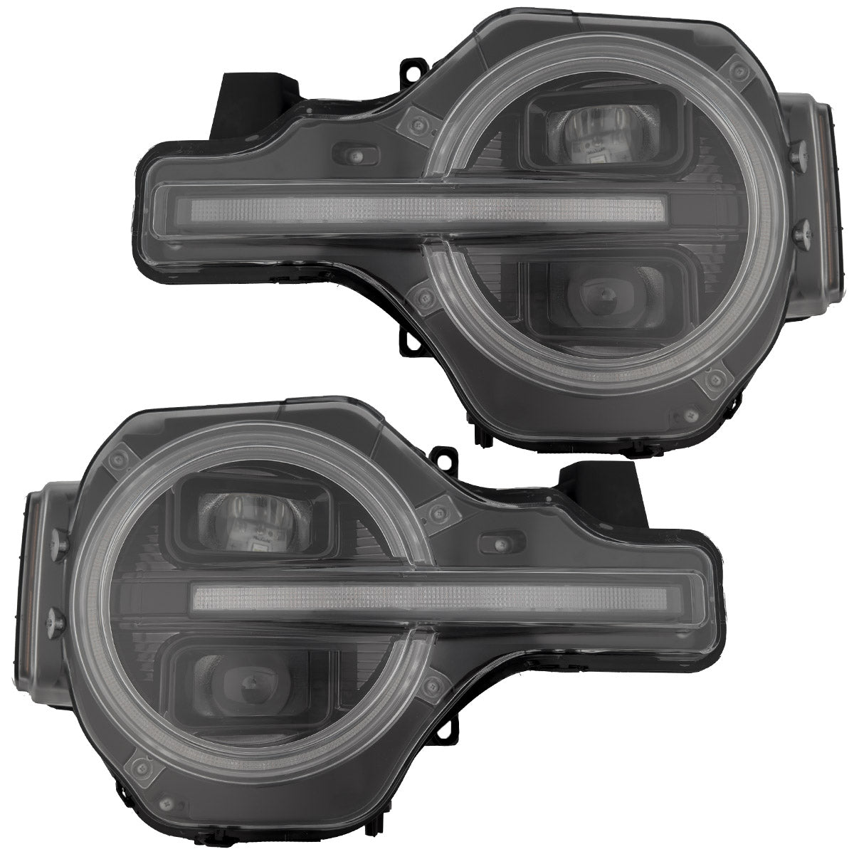 Ford Bronco 21-26 LED Projector Headlights w/ Ultra High Power LED High/Low Beams & White OLED DRL w/ Start-Up Lighting Sequence & Scanning Amber LED Turn Signals - Smoked / Black