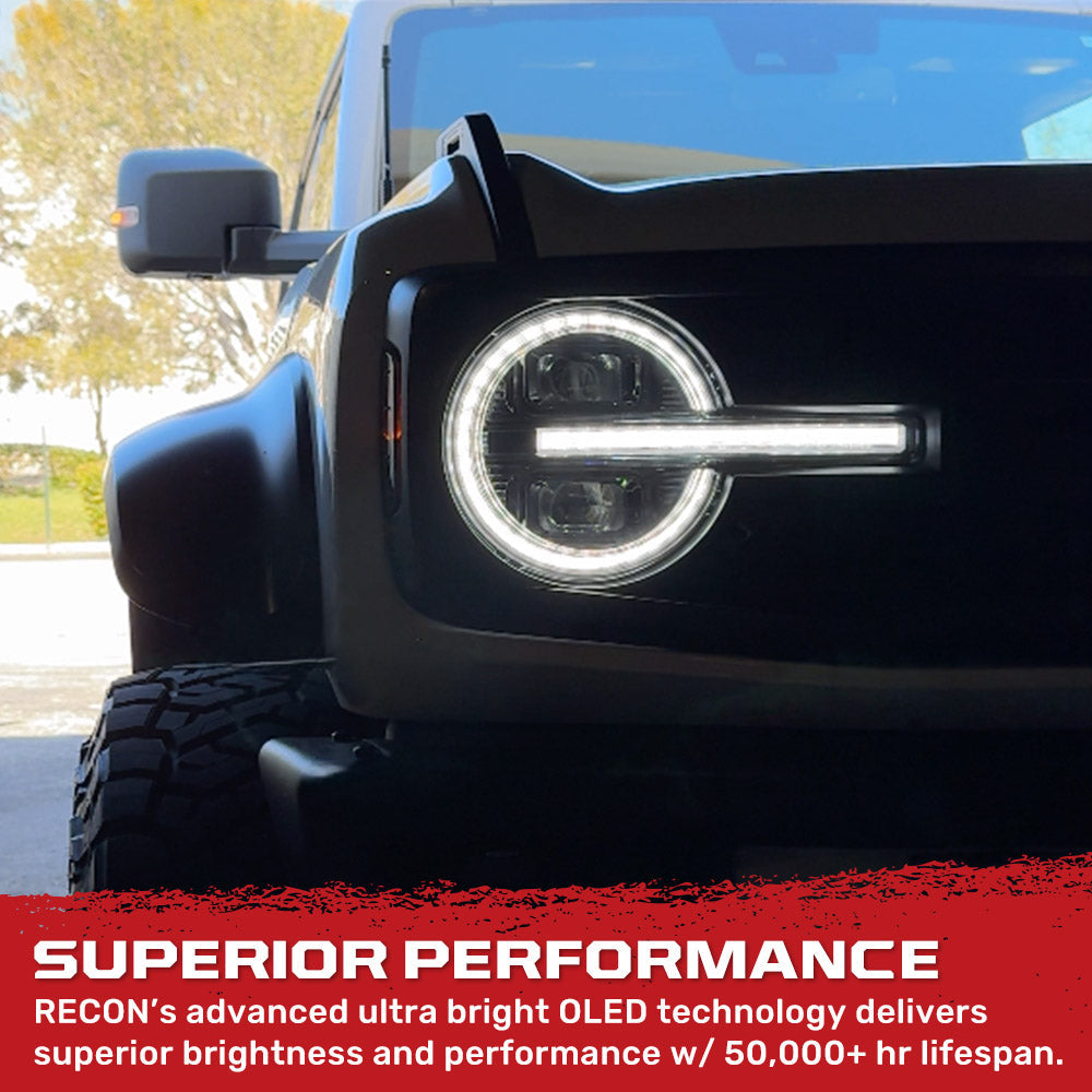 Ford Bronco 21-26 LED Projector Headlights w/ Ultra High Power LED High/Low Beams & White OLED DRL w/ Start-Up Lighting Sequence & Scanning Amber LED Turn Signals - Smoked / Black