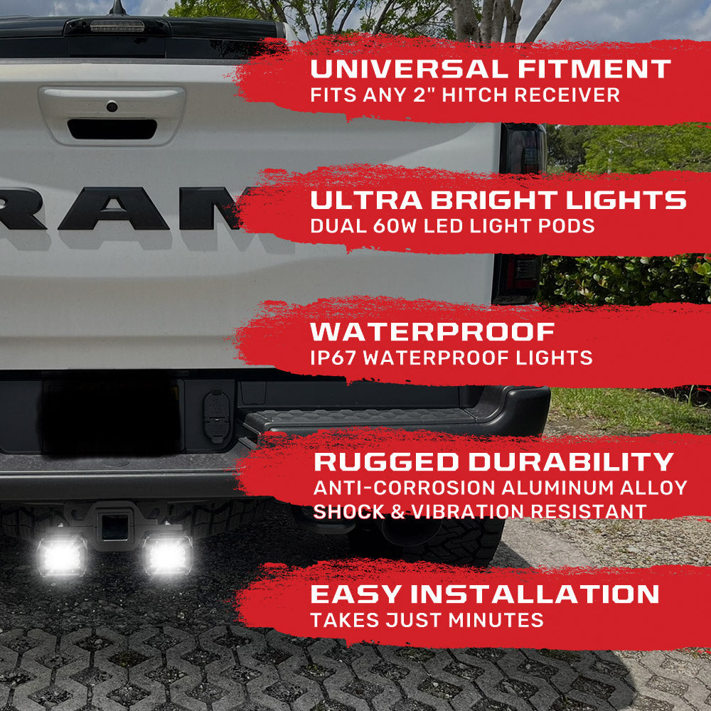 2" Universal Tow Hitch Mount Bracket w/ 2-Piece 60W LED Light Pods for Backup/Reverse Lights RECON 2" Universal Tow Hitch Mount Bracket w/ 2-Piece 60W LED Light Pods for Backup/Reverse Lights 2" Universal Tow Hitch Mount Bracket w/ 2-Piece 60W LED Light Pods for Backup/Reverse Lights 2" Universal Tow Hitch Mount Bracket w/ 2-Piece 60W LED Light Pods for Backup/Reverse Lights 2" Universal Tow Hitch Mount Bracket w/ 2-Piece 60W LED Light Pods for Backup/Reverse Lights