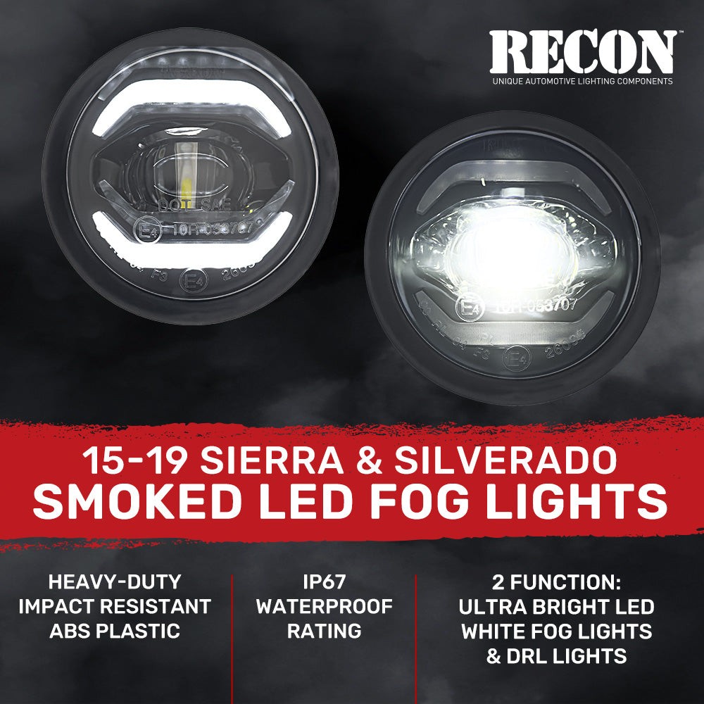 GMC Sierra & Chevy Silverado 15-19 Ultra Bright 2-Function White LED Driving Fog Lights (Fog Lights, DRL) - Smoked Lens