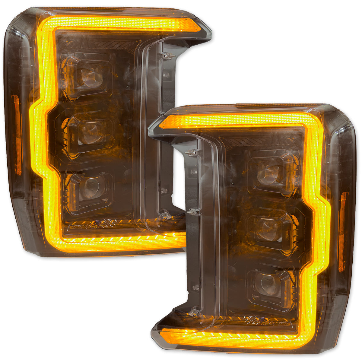 Ford 23-26 Super Duty (F250, F350, F450, F550) Full LED Projector Headlights Ultra High Power White OLED DRL & Scanning Amber Turn Signals w/ Startup Light Sequence - Smoked / Black