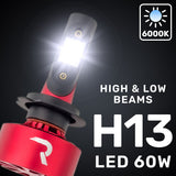 H13 9008 12V Ultra High-Power 60-Watt LED Headlight Bulbs (Hi & Low Beams) 6000K Color