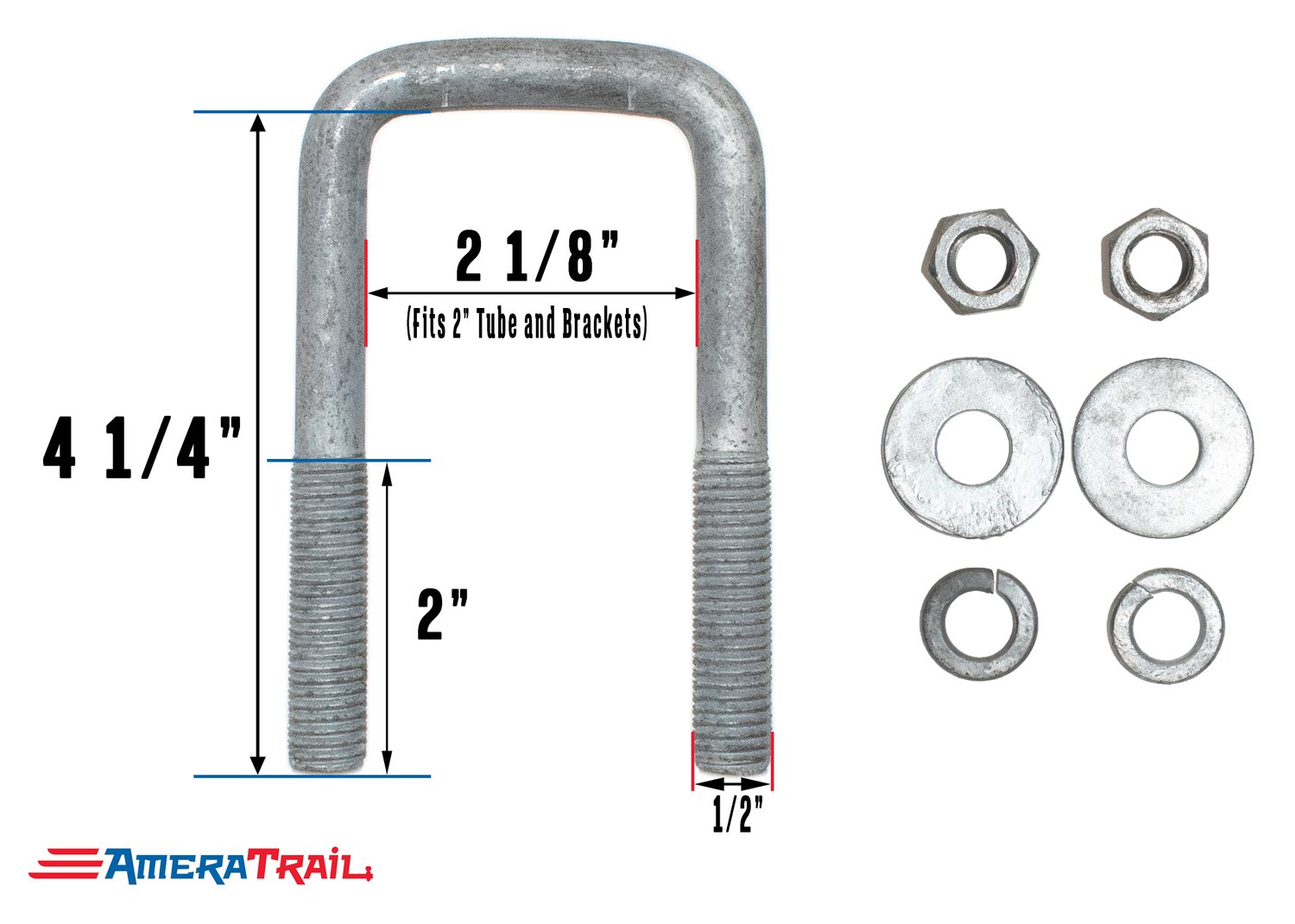 Galvanized U Bolt 2 1/8" x 4 1/4" x 1/2" w/ 2 Flat Washers, 2 Lock Washers, & 2 Nuts