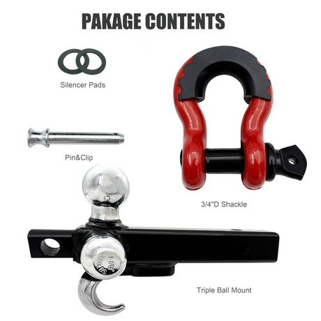 Trucktok 2" Hitch Receiver 3-Ball with Swivel Shackle Hook & Key Lock TruckTok
