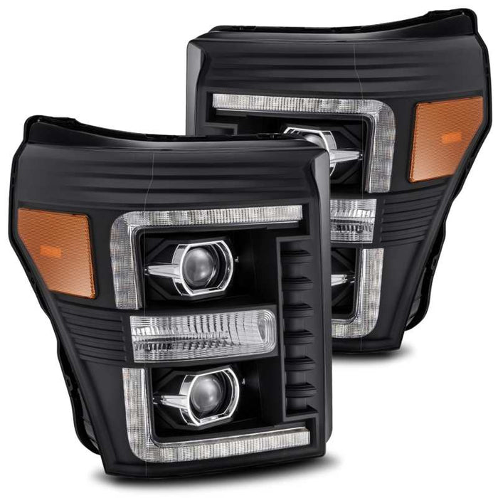 AlphaRex 11-16 Ford F-350 SD LUXX LED Proj Headlights Plank Style Black w/Activ Light/Seq Signal