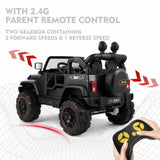 3-Speed Black Ride-On Car for Kids with RC, MP3, LED Lights, USB, and Cover - 12V Battery Powered
