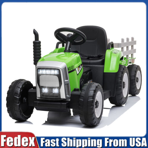 3-Speed Electric Ride On Tractor Car with Trailer for Kids - Remote Controlled with LED Lights