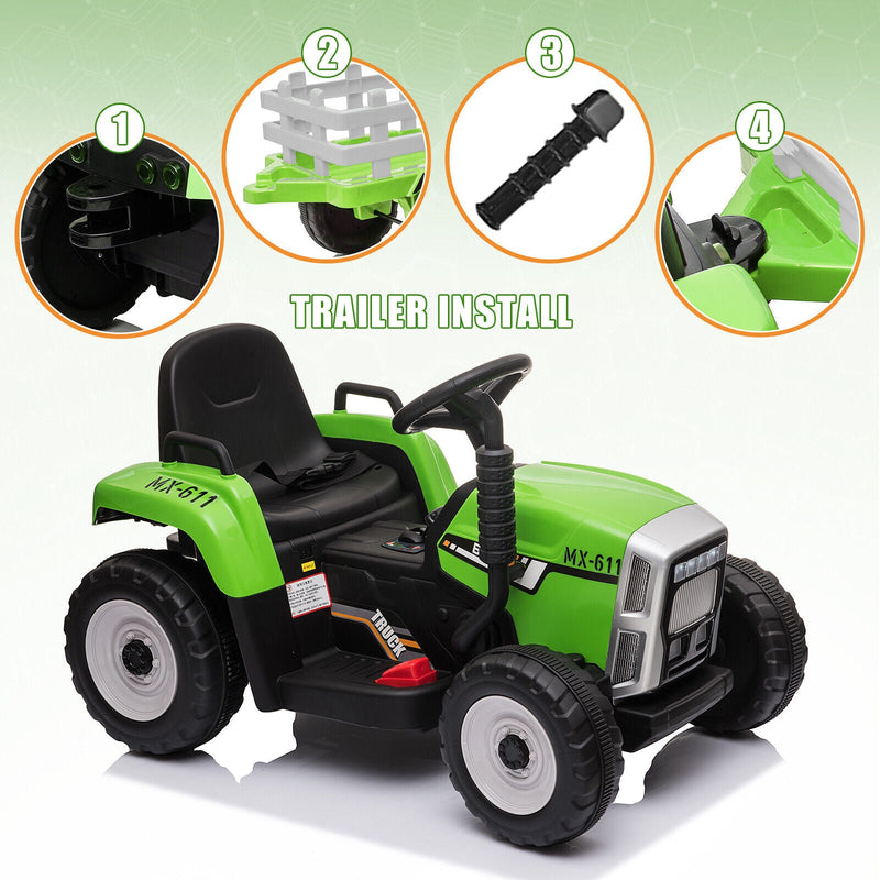 3-Speed Electric Ride On Tractor Car with Trailer for Kids - Remote Controlled with LED Lights