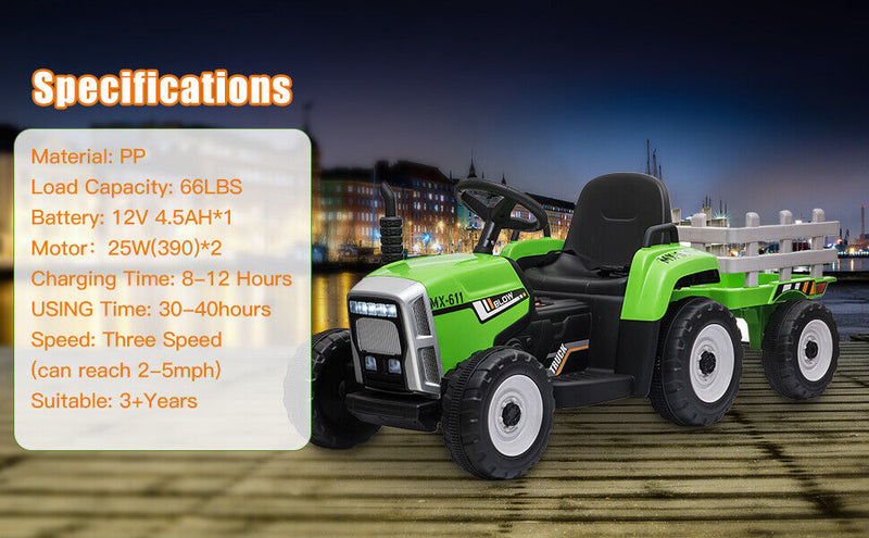 3-Speed Electric Ride On Tractor Car with Trailer for Kids - Remote Controlled with LED Lights