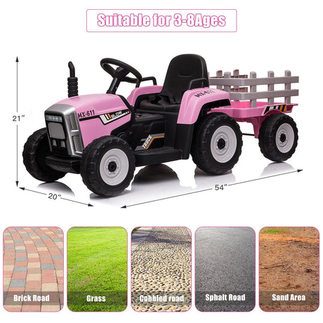 3-Speed Electric Ride On Tractor Toy with Trailer for Kids - Remote Controlled