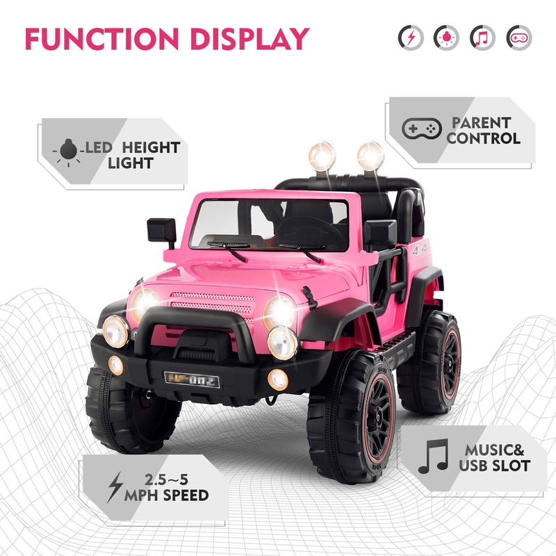 3-Speed Pink Ride On Car Truck for Kids with RC, MP3, LED Lights, USB, and Cover - 12V Battery Powered