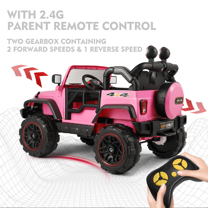 3-Speed Pink Ride On Car Truck for Kids with RC, MP3, LED Lights, USB, and Cover - 12V Battery Powered