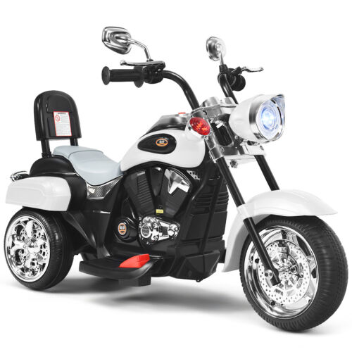 3-Wheel Chopper Motorcycle for Kids with Light & Horn - White
