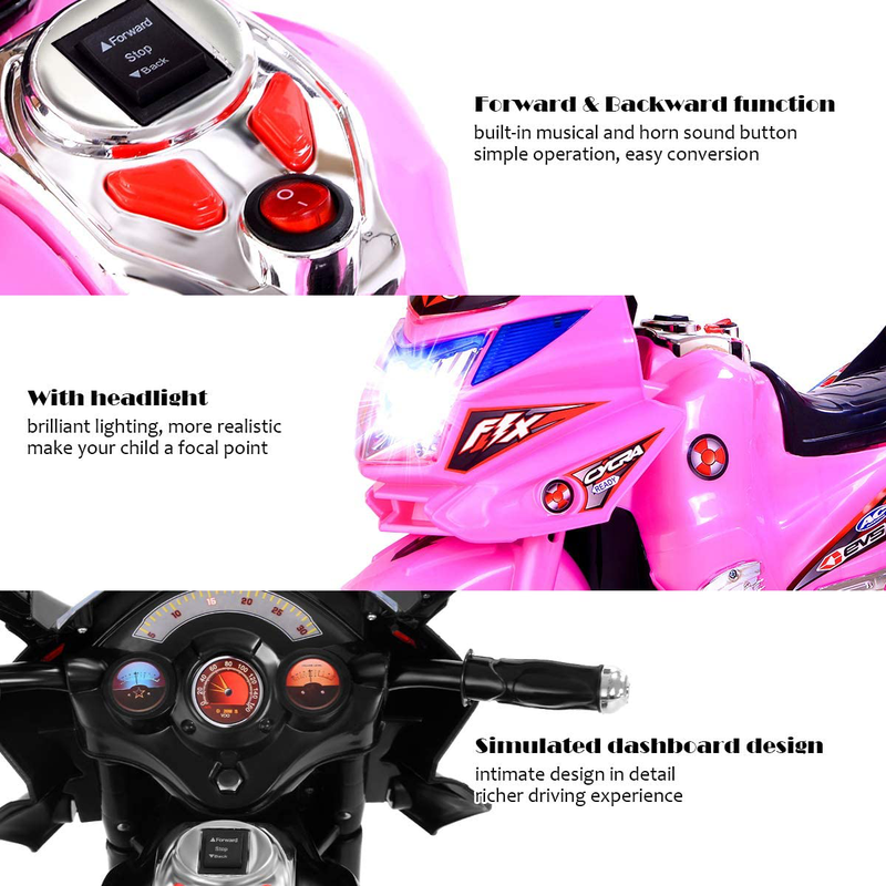 3-Wheel Electric Ride-On Motorcycle with Pink Headlights, 6V Battery Powered
