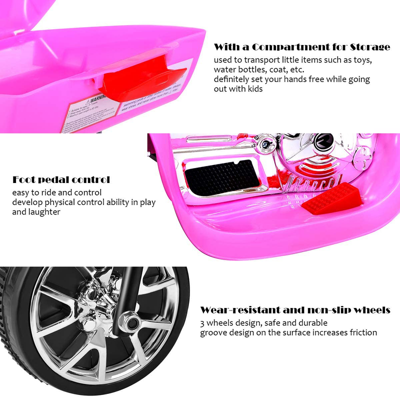 3-Wheel Electric Ride-On Motorcycle with Pink Headlights, 6V Battery Powered