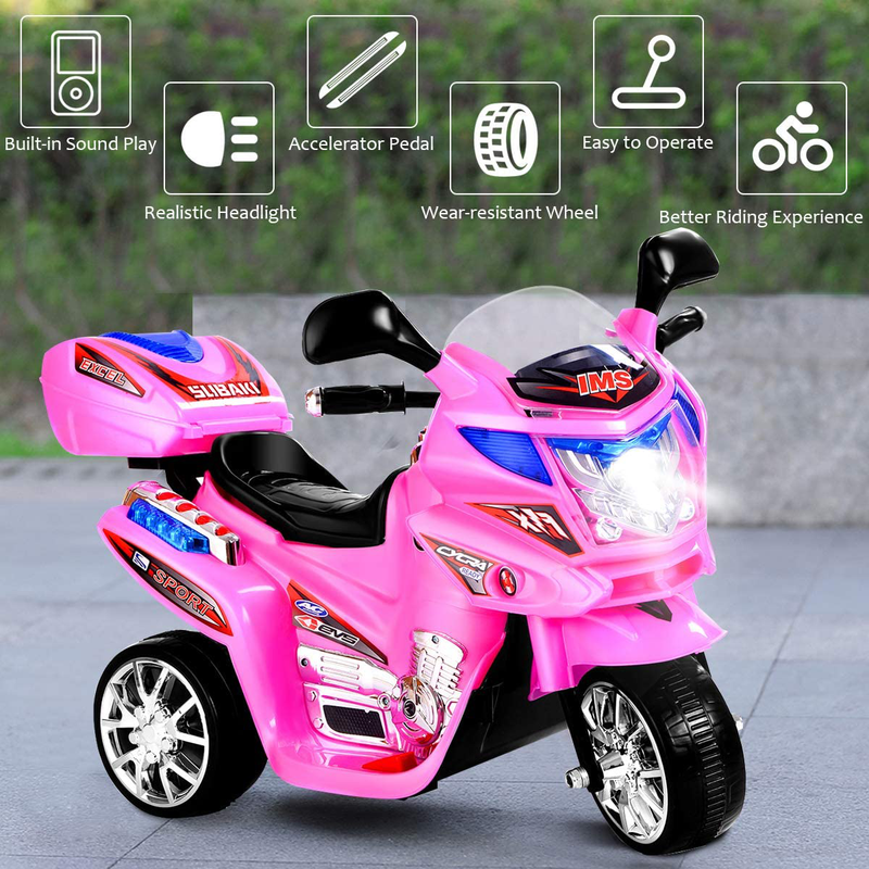 3-Wheel Electric Ride-On Motorcycle with Pink Headlights, 6V Battery Powered