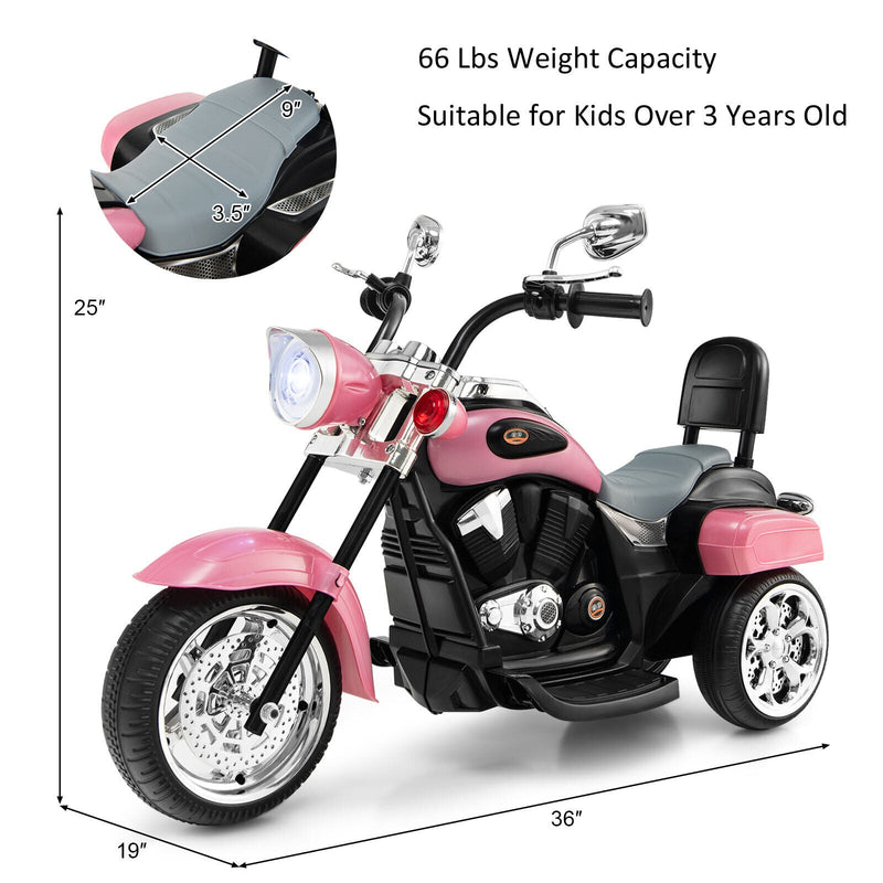 3-Wheel Pink Chopper Motorcycle for Kids with Headlight and Horn