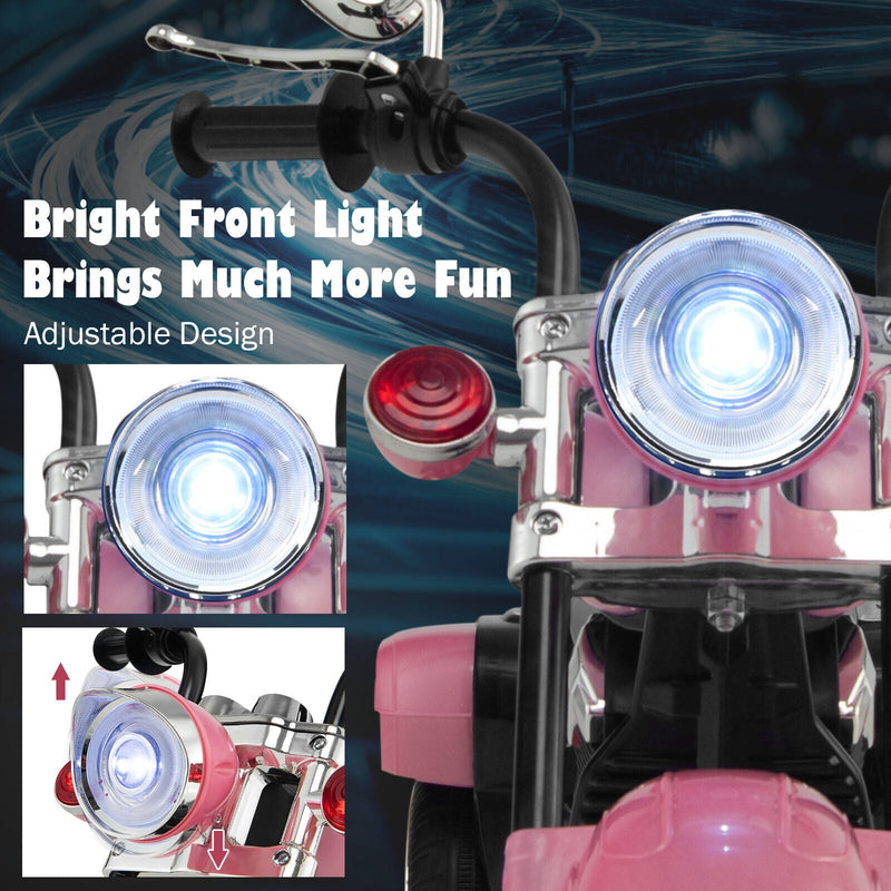 3-Wheel Pink Chopper Motorcycle for Kids with Lights and Horn