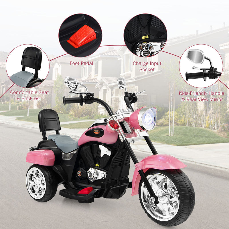 3-Wheel Pink Chopper Motorcycle for Kids with Lights and Horn
