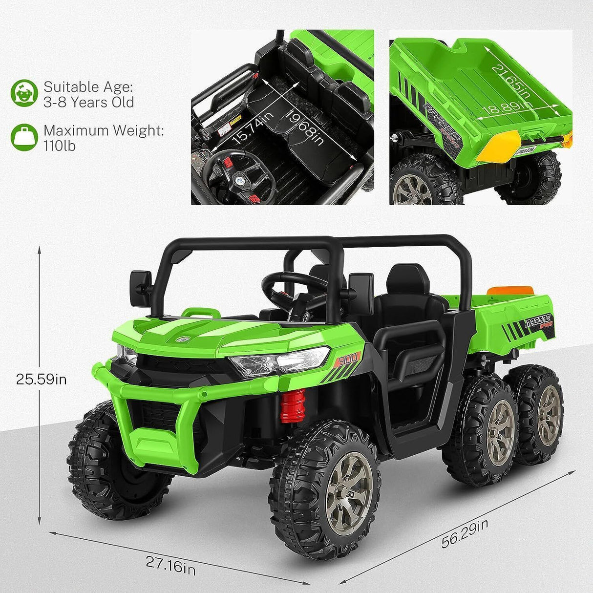 300W 24V 4WD 6 Wheels Ride On Car with Electric Dump Bed and LED&MP3 - 2 Seater Truck for Endless Fun!