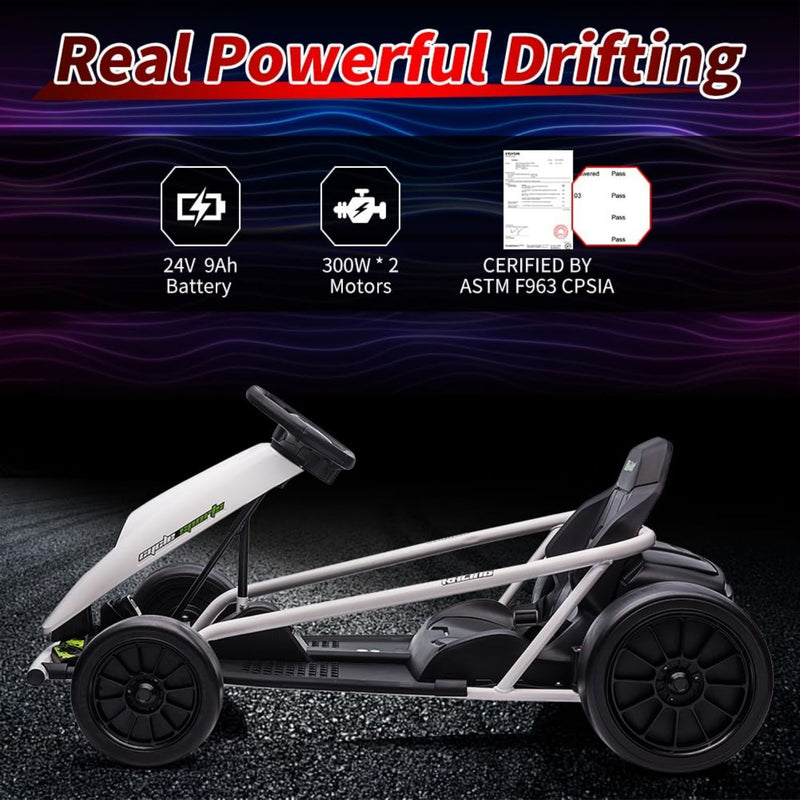 300W*2 Powerful Motors Go Kart for Kids 8-12 Years with Music and 175LBS Load Capacity