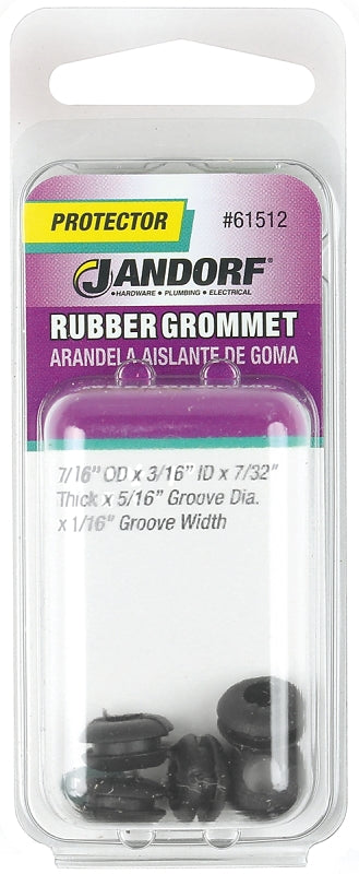 Jandorf Grommet, 3/16 in ID, 7/16 in OD, Rubber, Black, 7/32 in Thick Panel 5pk #61512 Jandorf