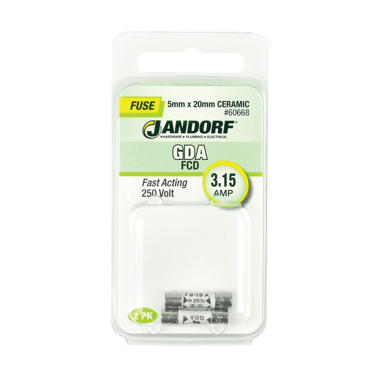 Jandorf Fast Acting 250 Volt 3.15 Amp Fuse #60668 Jandorf