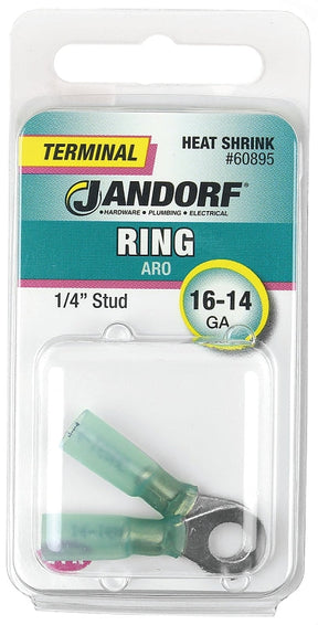 Jandorf Ring Terminal, 16 to 14 AWG Wire, 1/4 in Stud, Green #60895 Jandorf