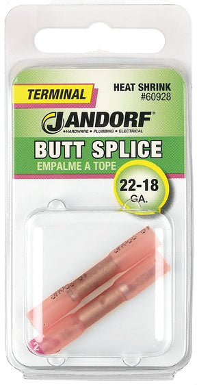 Butt Splice Connector, 22 to 18 AWG Wire, Copper Contact, Red #60928 Jandorf