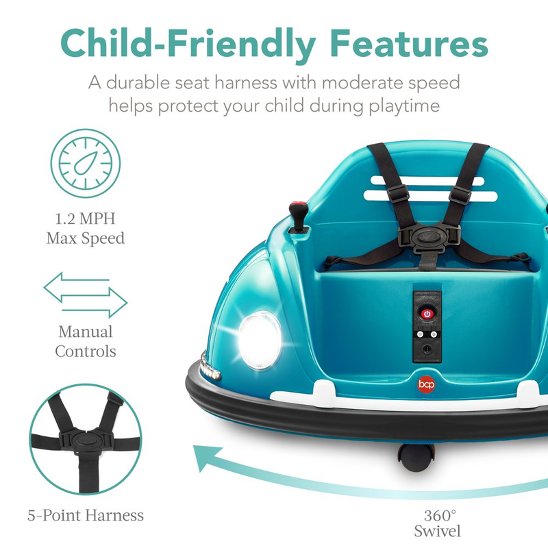 360 Degree Bumper Car Toy for Kids with Remote Control, Safety Harness, and Lights