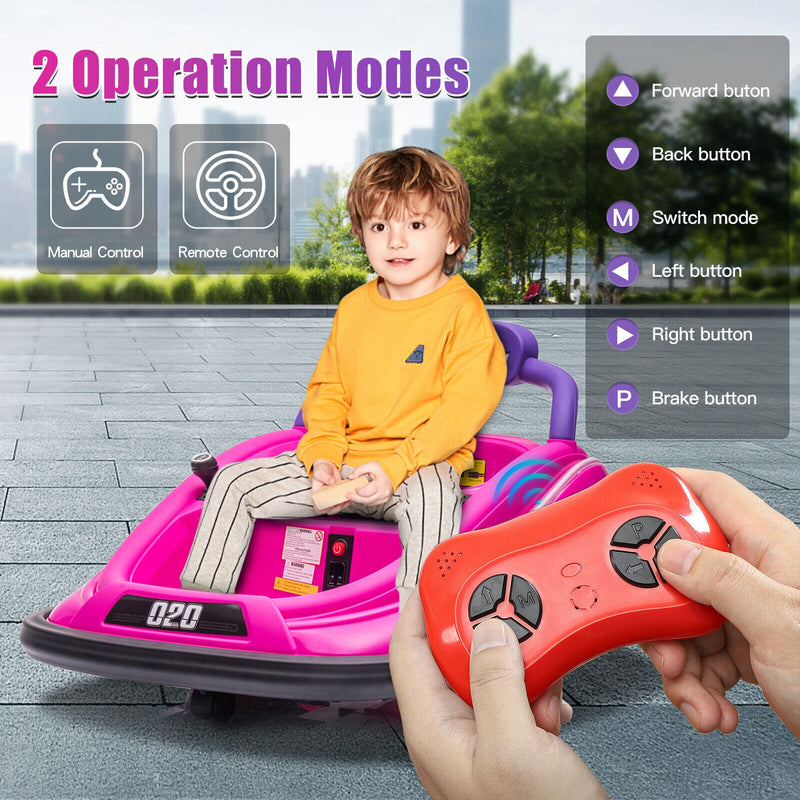 360° Rotating LED Bumper Car for Kids with Twin Motors and Parental Remote Control - 12V
