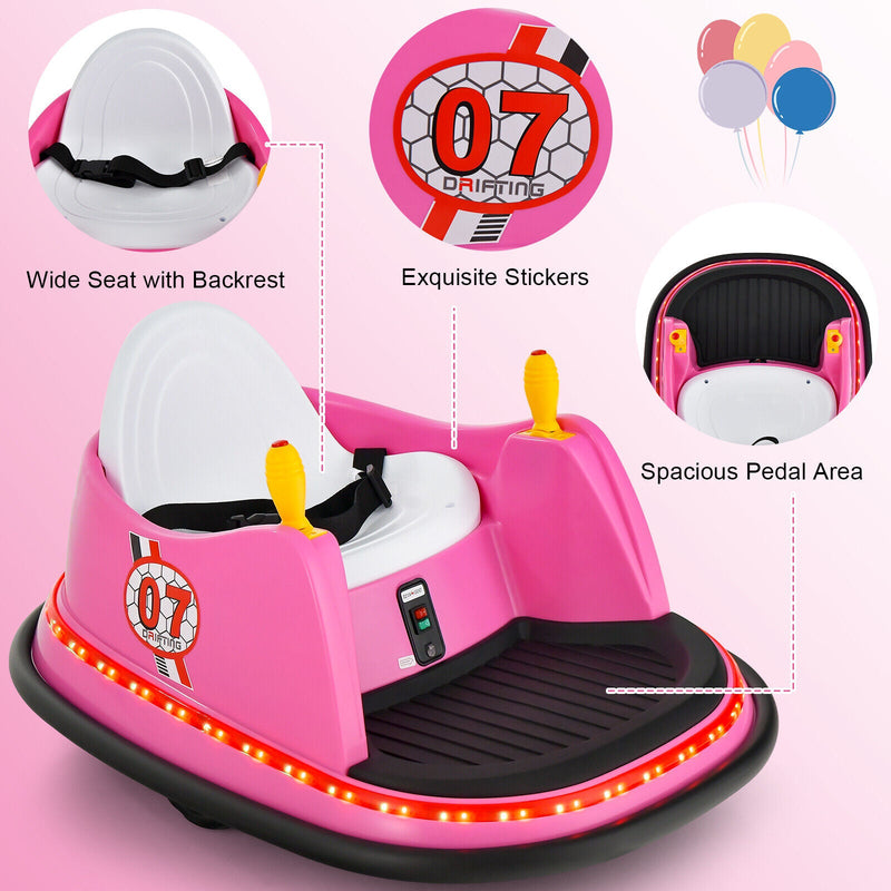 360° Spin Race Bumper Car for Kids with Remote Control - Pink 12V Vehicle