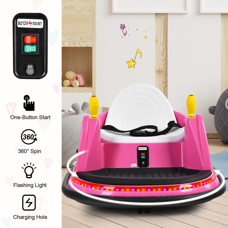 360° Spin Race Bumper Car for Kids with Remote Control - Pink 12V Vehicle